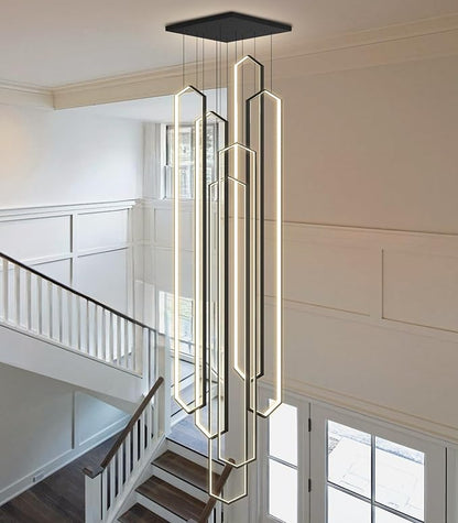 6 Rings Large Chandelier for Staircase Modern High Ceiling Chandelier LED Dimmable Chandeliers for Foyer Staircase Enterway Living Room Villa Black