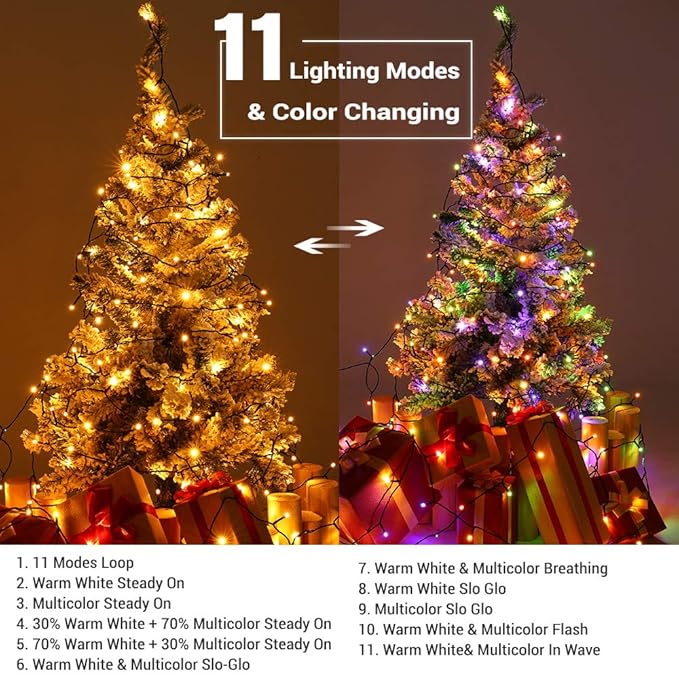 BrizLabs Christmas Tree Lights, 200 LED 65.67ft Color Changing Christmas Lights with Remote, 11 Modes Warm White & Multicolor Xmas Light, Connectable Dimmable Fairy Light for Indoor/Outdoor Home Party