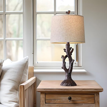 OYEARS 25" Farmhouse Table Lamp Set of 2 for Living Room Bedroom Resin Bedside Tree Lamp Nightstand End Table Lamps Vintage Natural Style