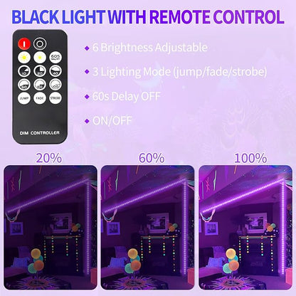 33 Foot Black Light Strip & Remote, 600 LEDs, Dimmable 12V Flexible Black Lights for Glow Party, Bedroom, Hallween, Fluorescent Tapestry Poster, 3 Light Modes, Non-Waterproof