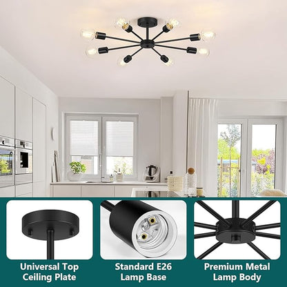 Lomoky 8-Lights Semi Flush Mount Ceiling Light, Matte Black Hallway Ceiling Lighting with E26 Base, Modern Sputnik Light Fixtures for Kitchen Dining Room Bedroom Living Room