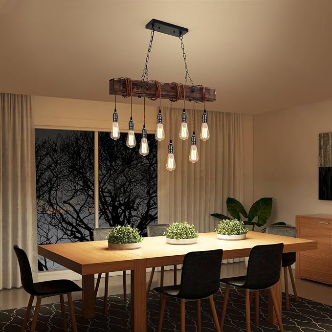 8-Lights Farmhouse Kitchen Island Pendant Light, Rustic Wood Chandeliers for Dining Room,Height Adjustable Island Light,Dining Room Bar Restaurant Cafe Pool Table.