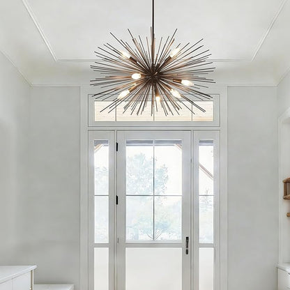 29" Vintage Black Sputnik Chandelier 9-Lights Large Starburst Chandelier with Adjust Rod Rustic Solid Metal Sputnik Satellite Chandeliers for Dining Room, Kitchen, Living Room, Foyer, E12
