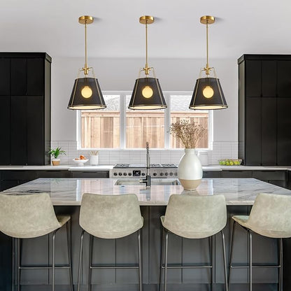 Modern Pendant Light Fixtures with 13" Black Linen Fabric Shade, Adjustable Hanging Light Fixture,Drum Gold Vintage Chandelier for Kitchen Island Bedroom Dining Room Foyer Entryway