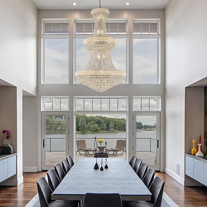 31 Lights Chrome Finish Large Empire Crystal Chandelier - Three-Tier, High Ceiling Chandelier Light fixtures for Foyer Staircase Living Room Entryway (Dia 32'')