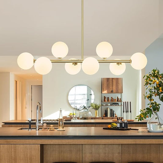 Mid Century Linear Chandeliers for Dining Room, 8-Light Modern Sputnik Chandeliers 37" Gold Chandelier Dining Room Light Fixture White Glass Globe Chandelier Island Lights, Electroplated Brass