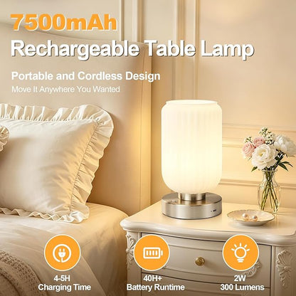 LightRound Cordless Table Lamp for Bedroom, 7500mAh Rechargeable Small Battery Lamp, Modern Touch Dimmable Wireless Lamp Brushed Nickel Base White Glass Shade for Living Room, Desk, Led Bulb Included