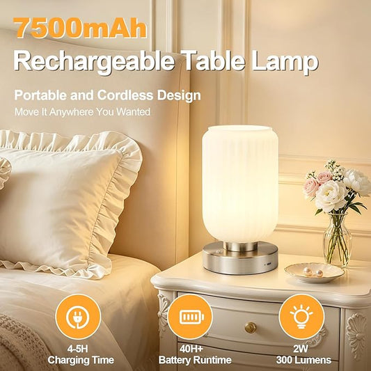LightRound Cordless Table Lamp for Bedroom, 7500mAh Rechargeable Small Battery Lamp, Modern Touch Dimmable Wireless Lamp Brushed Nickel Base White Glass Shade for Living Room, Desk, Led Bulb Included