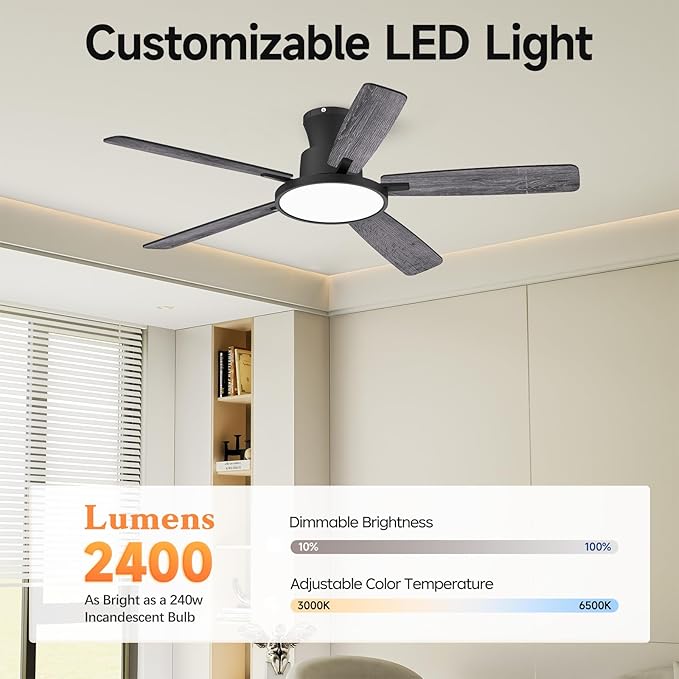 Ceiling Fans with Lights,52 inch,Nightlight,Quiet,Reversible Motor,6 Speeds,Timer, Low Profile Ceiling Fan for Bedroom,Living Room,Indoor/Outdoor Use(Gray)
