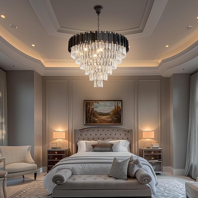 Large Crystal Chandeliers, Modern 32" Black Pendant Light, 6-Tier Round Crystal Ceiling Chandelier for High Ceiling, Foyer, Living Room, Staircase, Dining Room