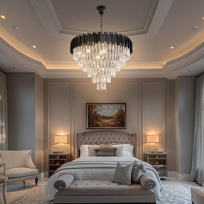Large Crystal Chandeliers, Modern 32" Black Pendant Light, 6-Tier Round Crystal Ceiling Chandelier for High Ceiling, Foyer, Living Room, Staircase, Dining Room