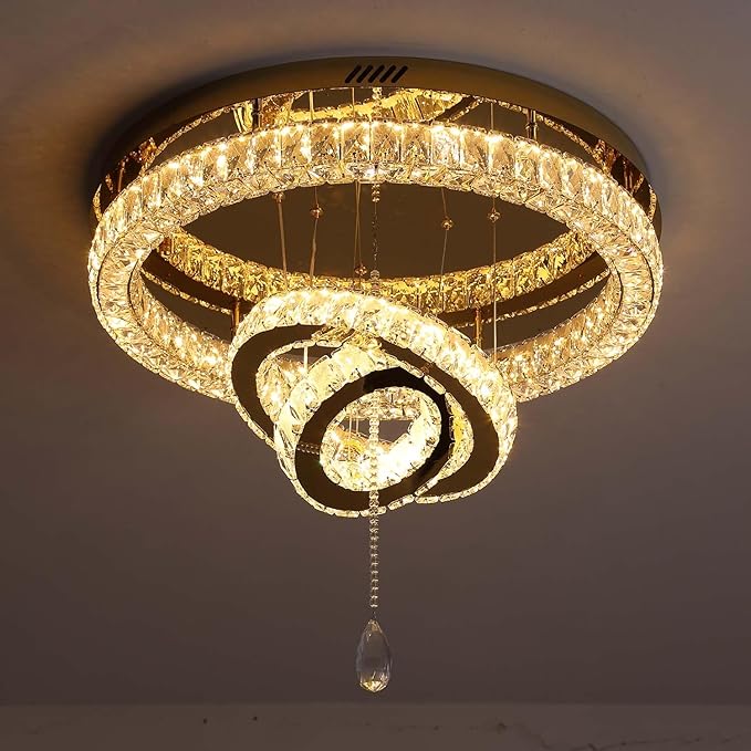 Flashing God Dia 32'' Modern Chandeliers for Living Room Crystal Flush Mount Ceiling Chandelier Large Chandeliers for Dining Room Bedroom LED Dimmable 3000-6000K Gold