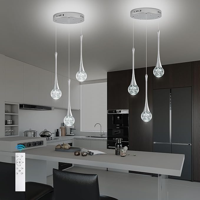 Modern Crystal Kitchen Island Chandelier 3-Lights Chrome, LED Dimmable Raindrop Indoor Lighting Fixture for Dining Room Foyer Entryway Remote Control