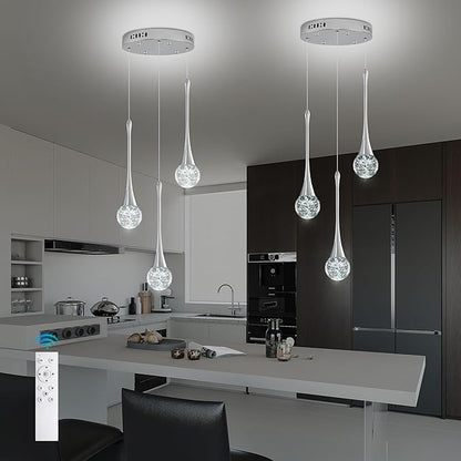 Modern Crystal Kitchen Island Chandelier 3-Lights Chrome, LED Dimmable Raindrop Indoor Lighting Fixture for Dining Room Foyer Entryway Remote Control