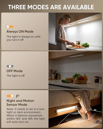 MCGOR 3 Pack 14.7inch Under Cabinet Lighting, Rechargeable Motion Sensor Light Indoor with 3 Color Temps, Dimmable Magnetic Led Closet Lights, Wireless Under Counter Lights for Kitchen, Stairs