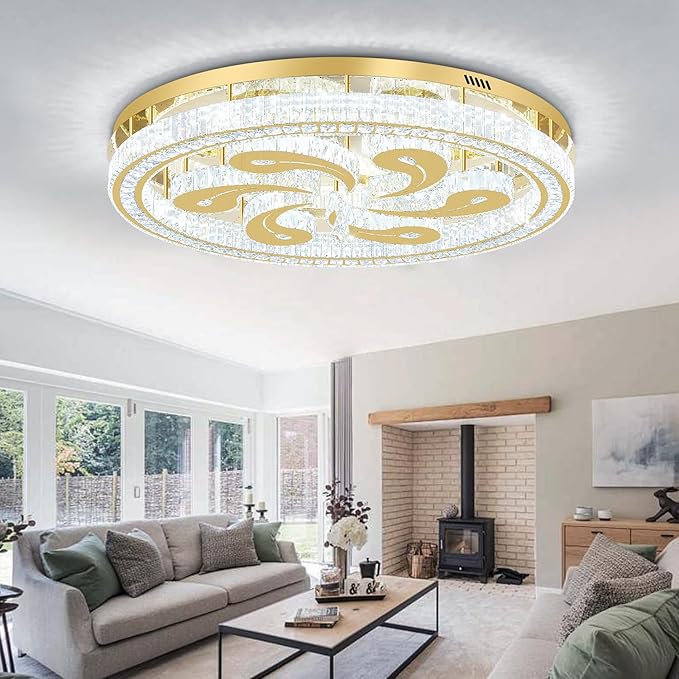 Modern Crystal Chandeliers for Dining Room Flush Mount Ceiling Chandelier for Living Room Dining Room Ring LED Crystal Ceiling Light (Round,40in Gold,Dimmable 2700K-6500K)