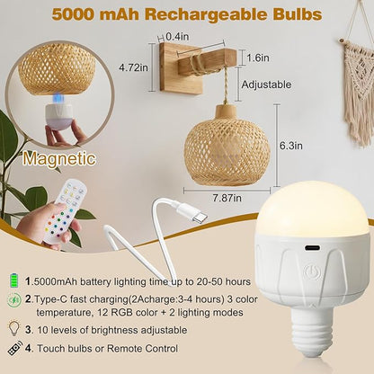 Vitnucrol Bamboo Battery Operated Wall Sconces Set of 2, Rechargeable Rattan Cordless Battery Powered Wall Lights/Lamps with Remote, Woven Boho Wireless Decor Lighting Fixture for Living Room Bedroom