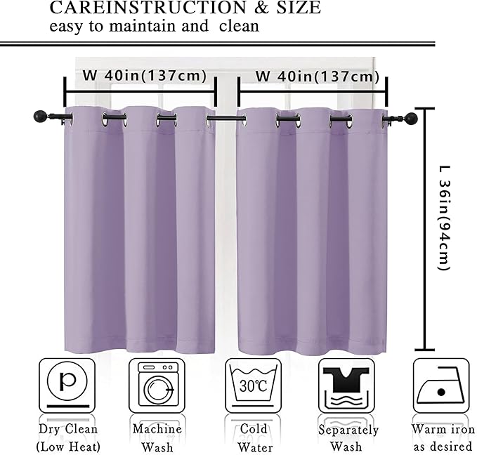 Simplebrand Lilac Short Cafe Curtains 36 Inch Length 2 Panels Set, Half Window Grommet Privacy Drape Tiers for Kitchen, Thermal Insulated Room Darkening Curtains for Bathroom Shades, W40 x L36