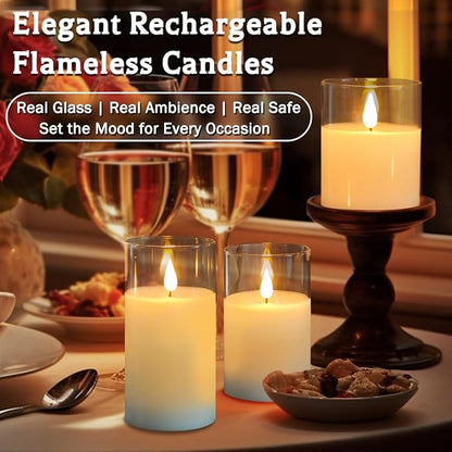 Rechargeable Flameless Glass Pillar Candles–Gifts for Women,–Set of 3, Realistic Flickering LED Light,Remote & Timer, Ideal for Living Room, Bedroom & Festival Wedding Home Party Decor