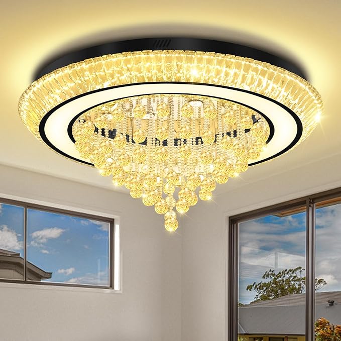 40in Black Flush Mount Chandelier Ceiling Light, Raindrop Chandeliers for Dining Room, Glam Crystal Chandeliers, Modern Led Luxury Chandelier for Living Room, Bedroom