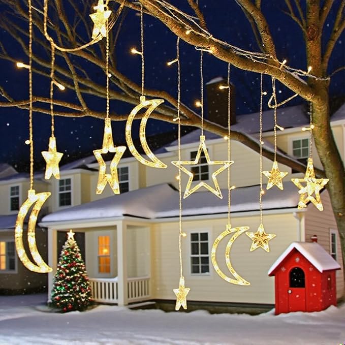 Moon Stars Solar String Lights for Outdoor, Christmas Decorations Curtain Lights with Remote Control and USB Backup Charger, Automatic ON-Off, IP65 Waterproof, Warm Yellow
