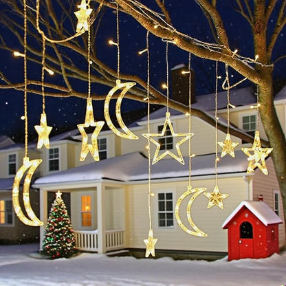 Moon Stars Solar String Lights for Outdoor, Christmas Decorations Curtain Lights with Remote Control and USB Backup Charger, Automatic ON-Off, IP65 Waterproof, Warm Yellow