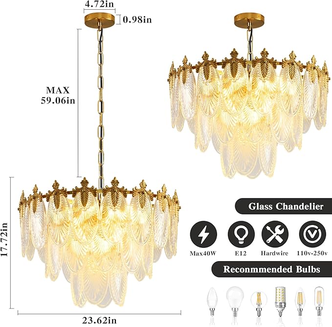 KELUOLY Antique Chandelier 3-Tier Glass Crystal Chandeliers, 9-Lights Gold Round Pendant Light 23.6" Brushed Brass Adjustable Height, Applicable to Dining Room, Bedroom, Living Room, Foyer, Kitchen