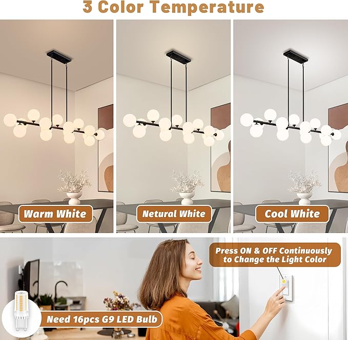 Linear Chandeliers for Dining Room, 55inch Glass Globe Chandelier Black Linear Sputnik Chandeliers 16 Light Large Long Modern Chandelier Milk White Glass Bubble Chandelier Kitchen Island Lighting