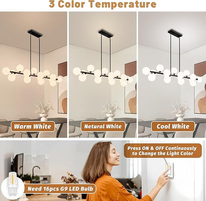 Linear Chandeliers for Dining Room, 55inch Glass Globe Chandelier Black Linear Sputnik Chandeliers 16 Light Large Long Modern Chandelier Milk White Glass Bubble Chandelier Kitchen Island Lighting