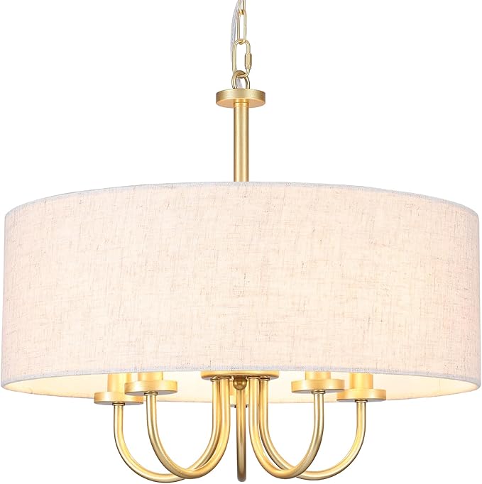 5 Lights Drum Chandelier Gold Farmhouse Chandelier with Shades 19" Large Pendant Light Fixtures Hanging Brass Round Chandeliers for Bedroom Dining Room Over Table Living Room Foyer Kitchen Island