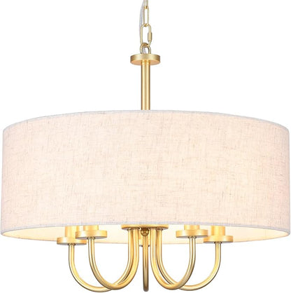 5 Lights Drum Chandelier Gold Farmhouse Chandelier with Shades 19" Large Pendant Light Fixtures Hanging Brass Round Chandeliers for Bedroom Dining Room Over Table Living Room Foyer Kitchen Island