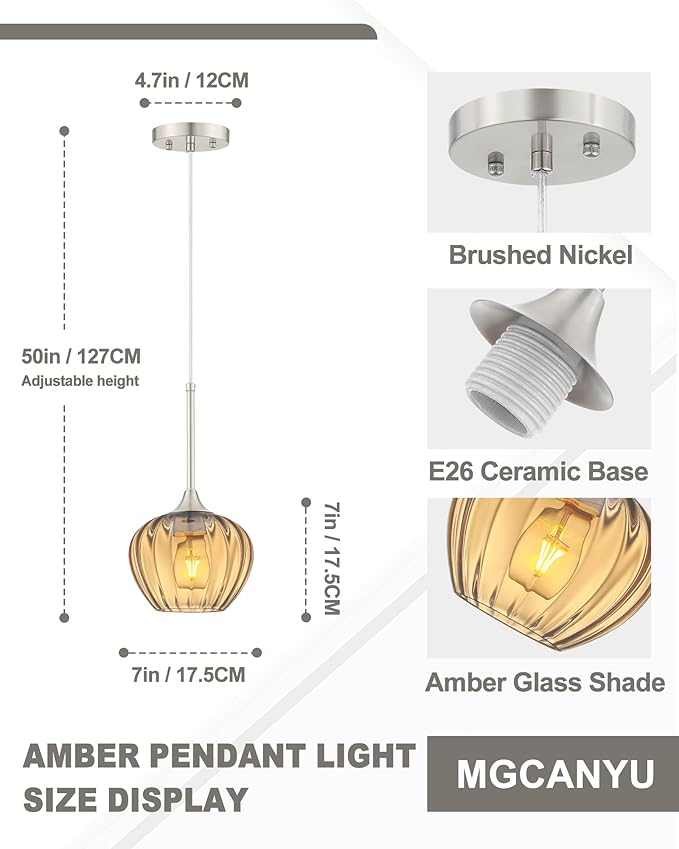 Amber Pendant Lights Kitchen Island, 7" Modern Glass Adjustable Pendant Lighting Brushed Nickel Hanging Light Fixtures for Kitchen, Dining Room, Sink, Bathroom