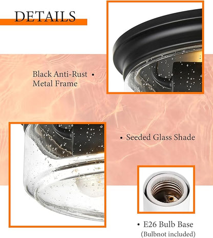 Black Flush Mount Ceiling Light, 12 Inch 2-Light Industrial Farmhouse Light Fixture with Seeded Glass Shade for Kitchen, Hallway, Entryway, Bedroom
