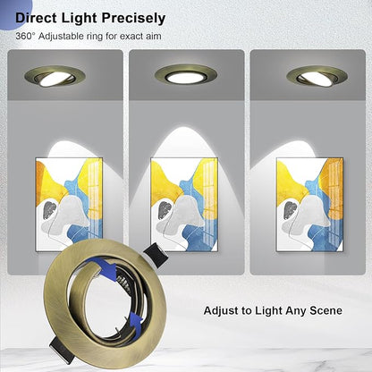 6 Pack Recessed Ceiling Downlight Fitting, Metal Downlight Frame for MR16 GU5.3 Bulbs, Adjustable Holder Applies to Artwork Cabinet, Antique Brass