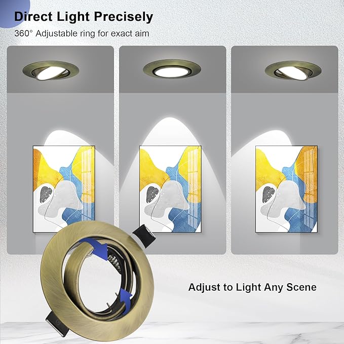 6 Pack Recessed Ceiling Downlight Fitting, Metal Downlight Frame for MR16 GU5.3 Bulbs, Adjustable Holder Applies to Artwork Cabinet, Antique Brass
