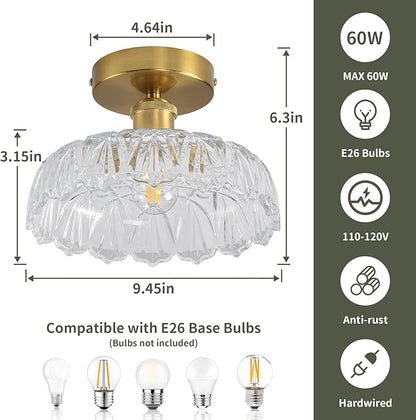 Semi Flush Mount Ceiling Light Mid Century Modern Floral Translucent Glass Shade, Close to Ceiling Lighting Fixtures for Bedroom, Bathroom, Kitchen, Closet Laundry Room, Foyer and Hallway 9.45 in