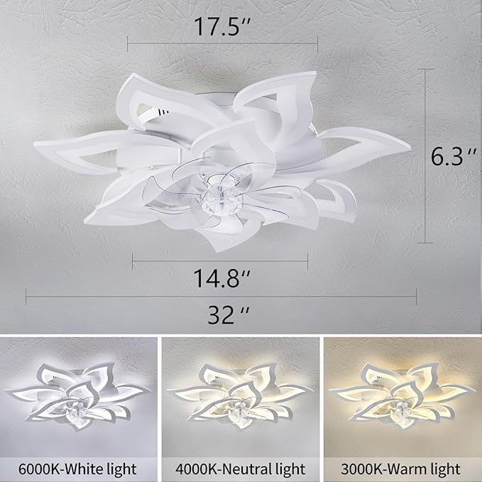 32" Modern Geometric Ceiling Fan with Lights Remote Control, White 6 Speeds 3 Colors Low Profile Ceiling Fan with Light for Living Room