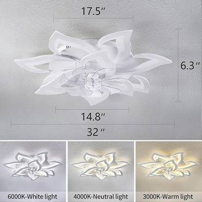32" Modern Geometric Ceiling Fan with Lights Remote Control, White 6 Speeds 3 Colors Low Profile Ceiling Fan with Light for Living Room