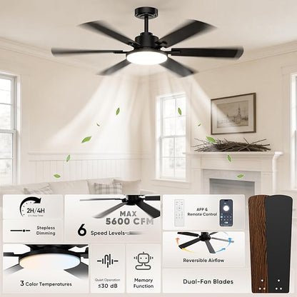52 Inch Ceiling Fans with Lights, Upgraded 6 Blade Design, Remote Control, Ultra Quiet Reversible DC Motor, 6 Speeds, 3CCT Dimmable LED, Memory Function, Double Sided Blade for Bedroom Livingroom