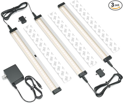 EShine Hand Wave Activated Under Cabinet LED Lighting Kit, Dimmable, 3-Pack 12 in - Touchless Dimming Control, Black Under Counter Lights for Kitchen, Garage, Office, Shelf - Warm White (3000K)
