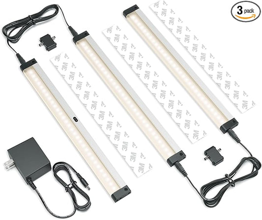 EShine Hand Wave Activated Under Cabinet LED Lighting Kit, Dimmable, 3-Pack 12 in - Touchless Dimming Control, Black Under Counter Lights for Kitchen, Garage, Office, Shelf - Warm White (3000K)