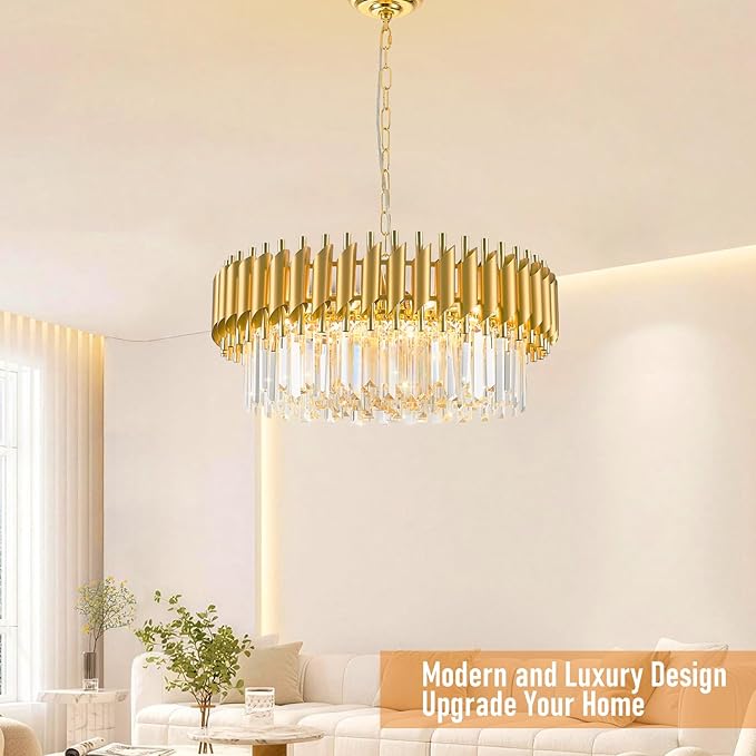 24" Gold Crystal Chandeliers for Dining Room Contemporary Round Ceiling Pendant Light Fixtures 5-Tier 8 Lights K9 Crystal Large Flush Mount Chandelier for Foyer Living Room Staircase