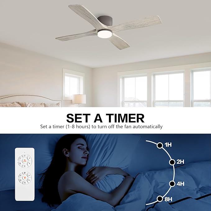 WINGBO 54 Inch Flush Mount DC Ceiling Fan with Lights and Remote, 4 Reversible Carved Wood Blades, 6-Speed Noiseless DC Motor, Hugger Ceiling Fans in Graphite Finish with Barn Wood Blades
