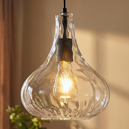 Modern Glass Pendant Light 9.44 in Clear Hammered Glass Shade Black Farmhouse Island Pendant Lights for Kitchen Pendant Lighting Over Sink Dining Room Bedroom