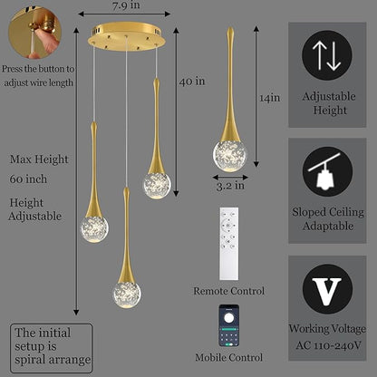 Modern Crystal Staircase Chandelier Polished Gold 3-Lights, H59'' High Ceiling Spiral Dimmable LED Raindrop Foyer Entryway Light Fixture Remote Control