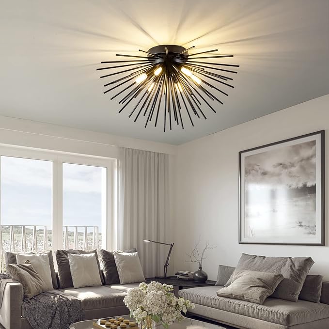 CM MZY Black Flush Mount Ceiling Lights, Mid Century Starburst Sputnik Chandeliers, 6-Light Close to Ceiling Lighting Fixtures for Bedroom Kitchen Hallway Entryway Closet, G9 Socket
