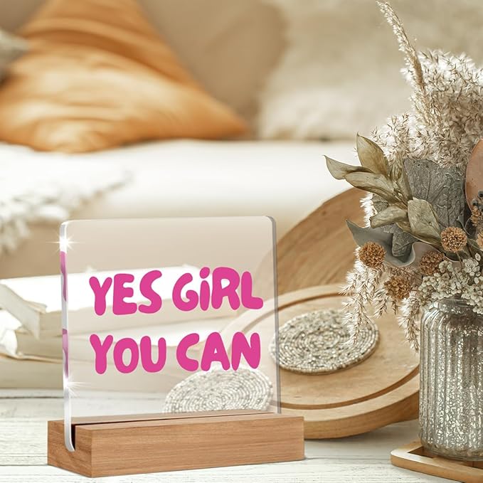 Inspirational Gifts for Women Girl Friend Bestie Sister, Pink Motivational Quote Sign, Yes Girl You Can Acrylic Plaque Table Sign Home Office Desk Decor 4 × 4 Inch