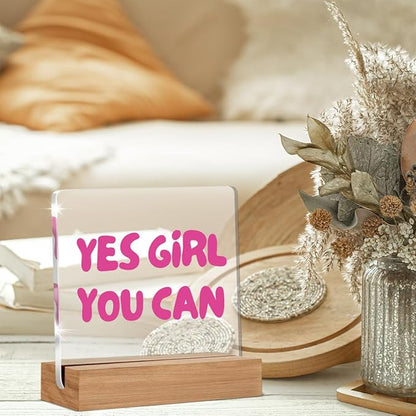 Inspirational Gifts for Women Girl Friend Bestie Sister, Pink Motivational Quote Sign, Yes Girl You Can Acrylic Plaque Table Sign Home Office Desk Decor 4 × 4 Inch