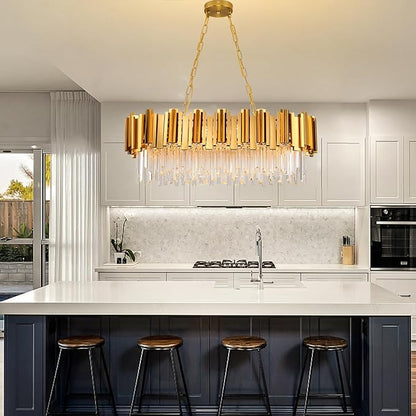 Crystal Chandeliers for Dining Room,Gold Chandeliers Modern Crystal Chandelier Pendant Light Fixture 8 Lights Contemporary Large Hanging Ceiling Light Fixtures for Living Room Kitchen Island L32"
