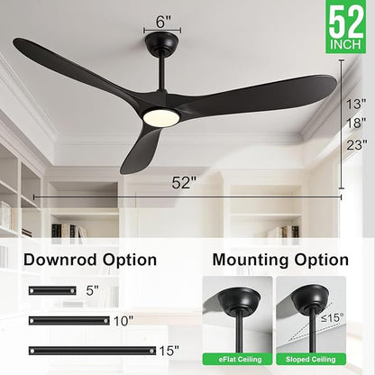 52 Inch Ceiling Fans with Lights and Remote, Wood Outdoor Ceiling Fan with 6 Speed Noiseless DC Motor, Indoor Modern 3 Blade Propeller Ceiling Fan for Bedroom Living Room Gazebo Patio (Black)
